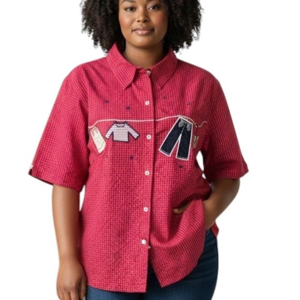 VINTAGE BOBBIE BROOKS Shirt Plus 18W 20W Button down Embroidered Clothesline - Picture 1 of 12
